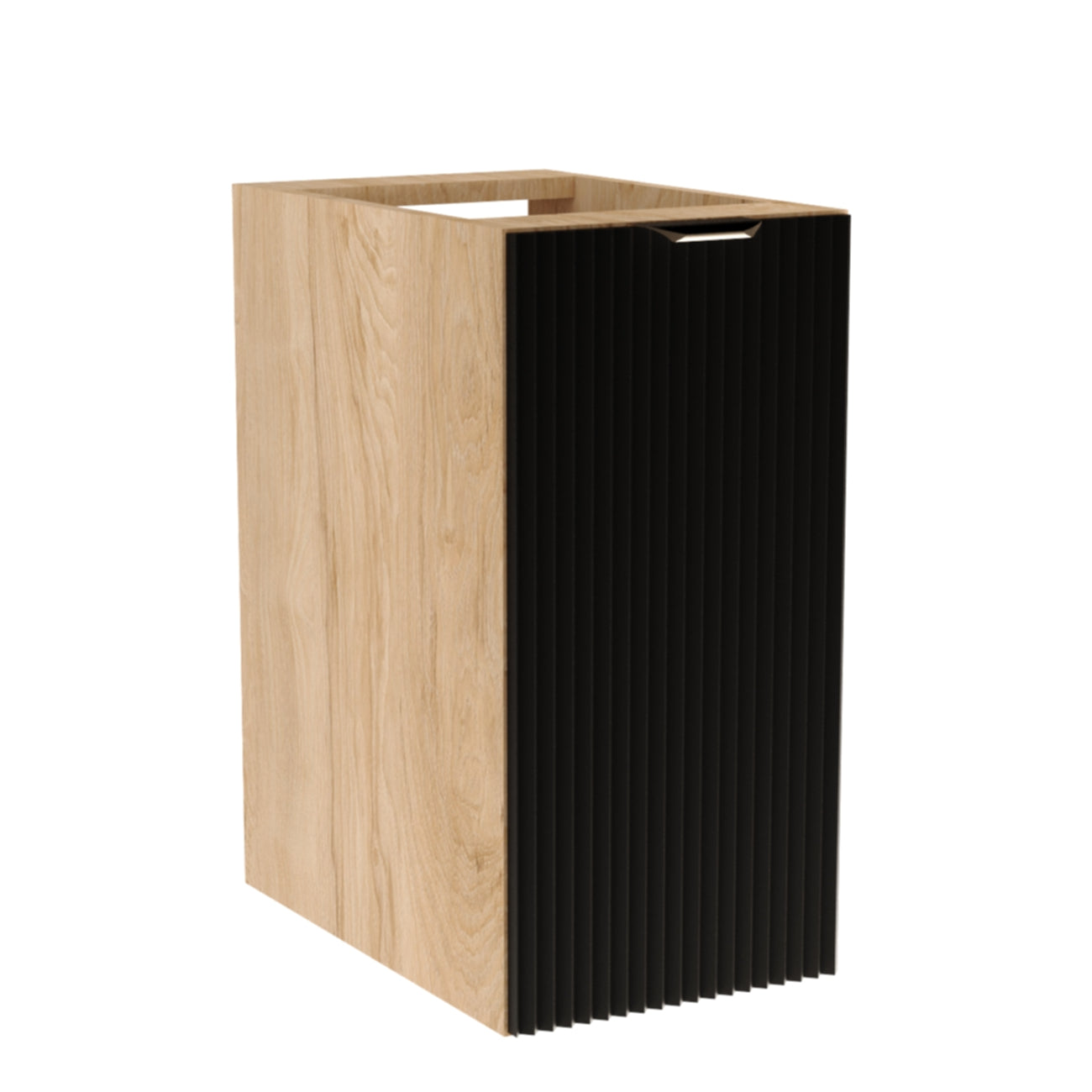 Badezimmerschrank Willy 30 cm breit mit schwarzer, geriffelter Front, Korpus in Walnussoptik, 1 Tür und Einlegeboden – kompakte, stilvolle Lösung für moderne Badezimmer.