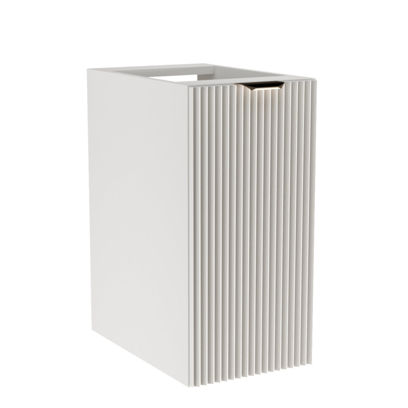Badezimmerschrank Willy 30 cm breit in Alpinweiß mit vertikal geriffelter Front, 1 Tür, Einlegeboden und wahlweisem Metallgriff – zeitloses, platzsparendes Möbel für helle und ordentliche Badezimmer.