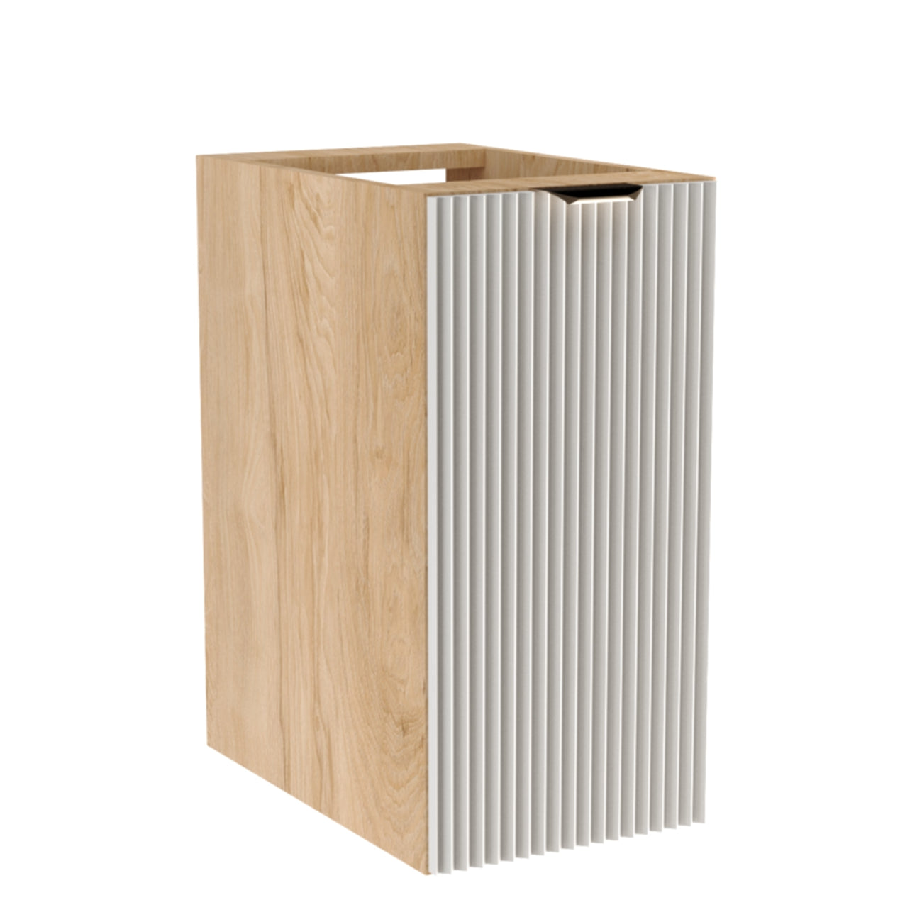Badezimmerschrank Willy 30 cm breit mit weißer, geriffelter Front, Korpus in Walnussoptik, 1 Tür, Einlegeboden und wählbarem Metallgriff – kompakte, stilvolle Lösung für helle und gemütliche Badezimmer.