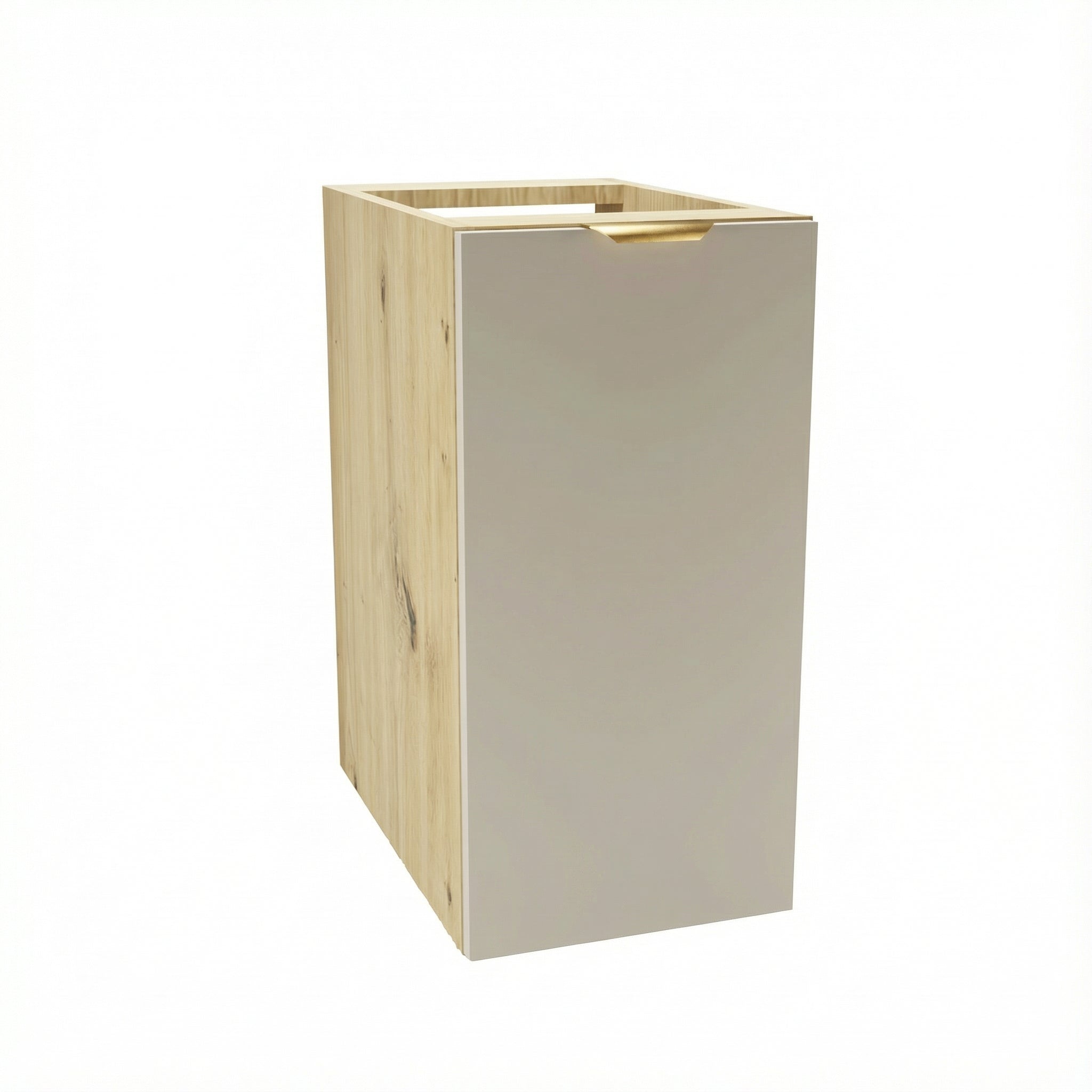 Schmaler Badezimmerschrank Orio (30 cm) mit glatter Tür in Kaschmirfarbe und Seitenteilen in Eiche Artisan, mit goldfarbenem Metallgriff und integriertem Innenregal, modernes Design für Badezimmer ohne Arbeitsplatte.