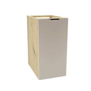 Badezimmerschrank Orio 30 cm mit Kaschmir-Front, Eiche Artisan-Seiten, 1 Tür, Innenregal und goldenen Griffen – modernes Design für das Badezimmer.