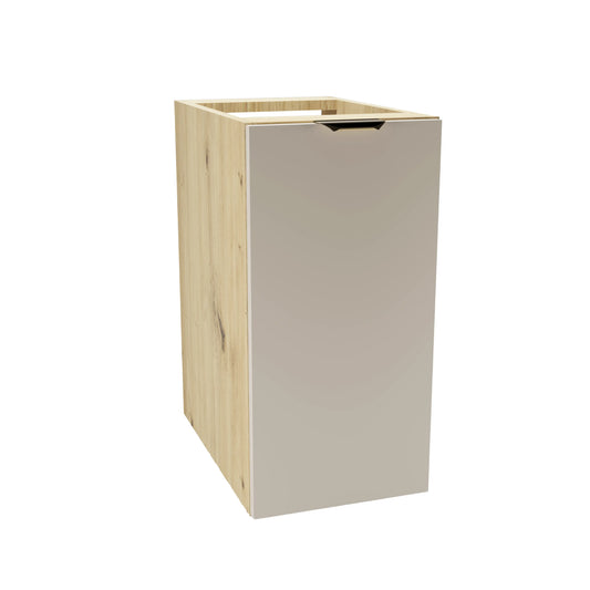 Badezimmerschrank Orio 30 cm mit Kaschmir-Front, Eiche Artisan-Seiten, 1 Tür, Innenregal und goldenen Griffen – modernes Design für das Badezimmer.