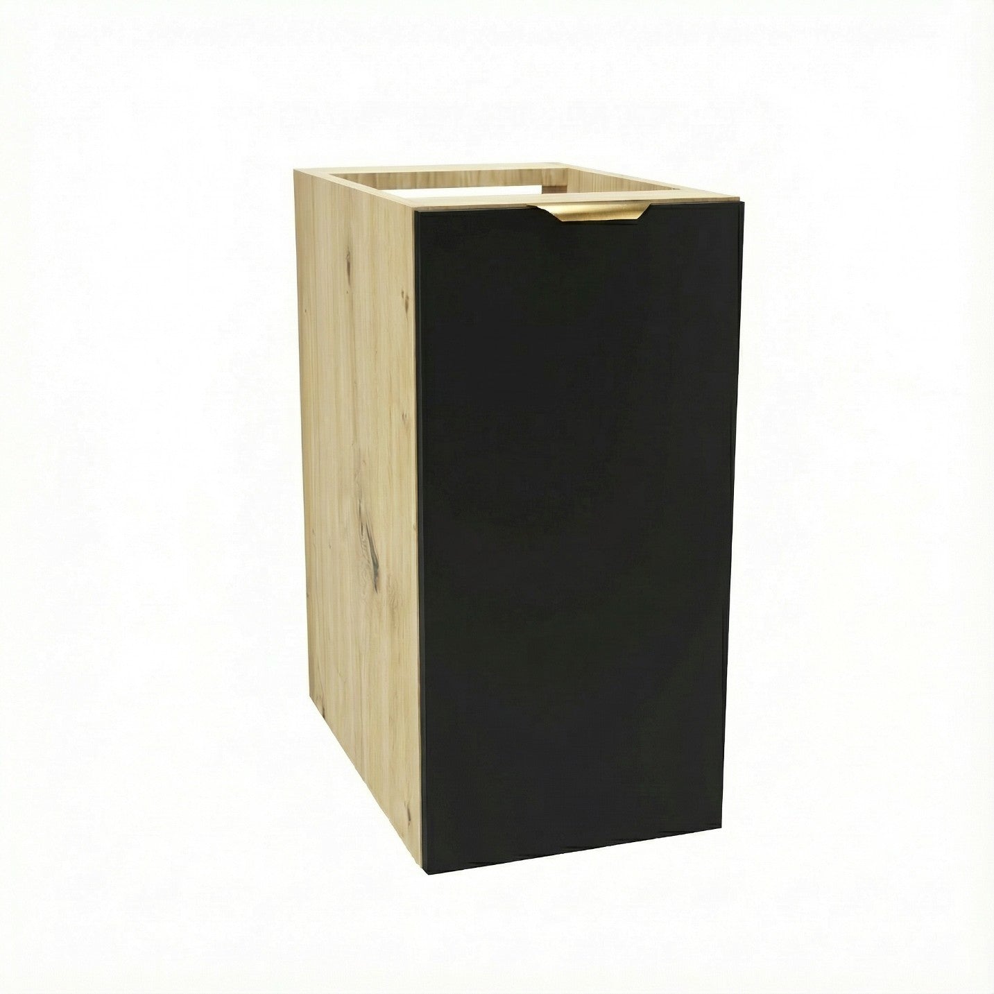 Badezimmerschrank Orio 30 cm in Schwarz / Artisan Eiche mit 1 Tür und Innenregal, Metallgriff in Gold, glatte Fronten, modernes Design aus 18-mm laminierter Spanplatte, ideal für Badezimmer.