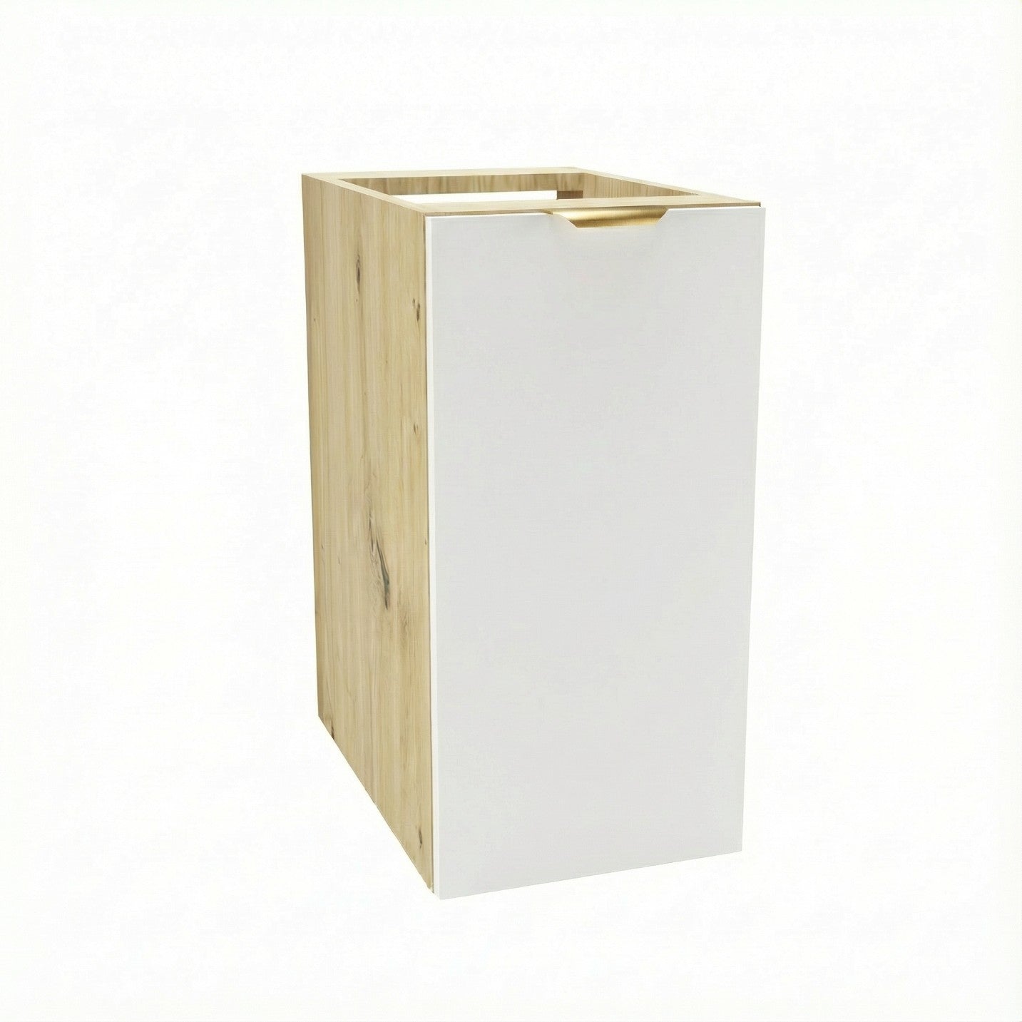 Badezimmerschrank Orio 30 cm in Weiß / Artisan Eiche mit 1 Tür und Innenablage, Metallgriff in Gold, glatte Fronten, modernes Design aus 18-mm laminierter Spanplatte, ideal für Badezimmer.