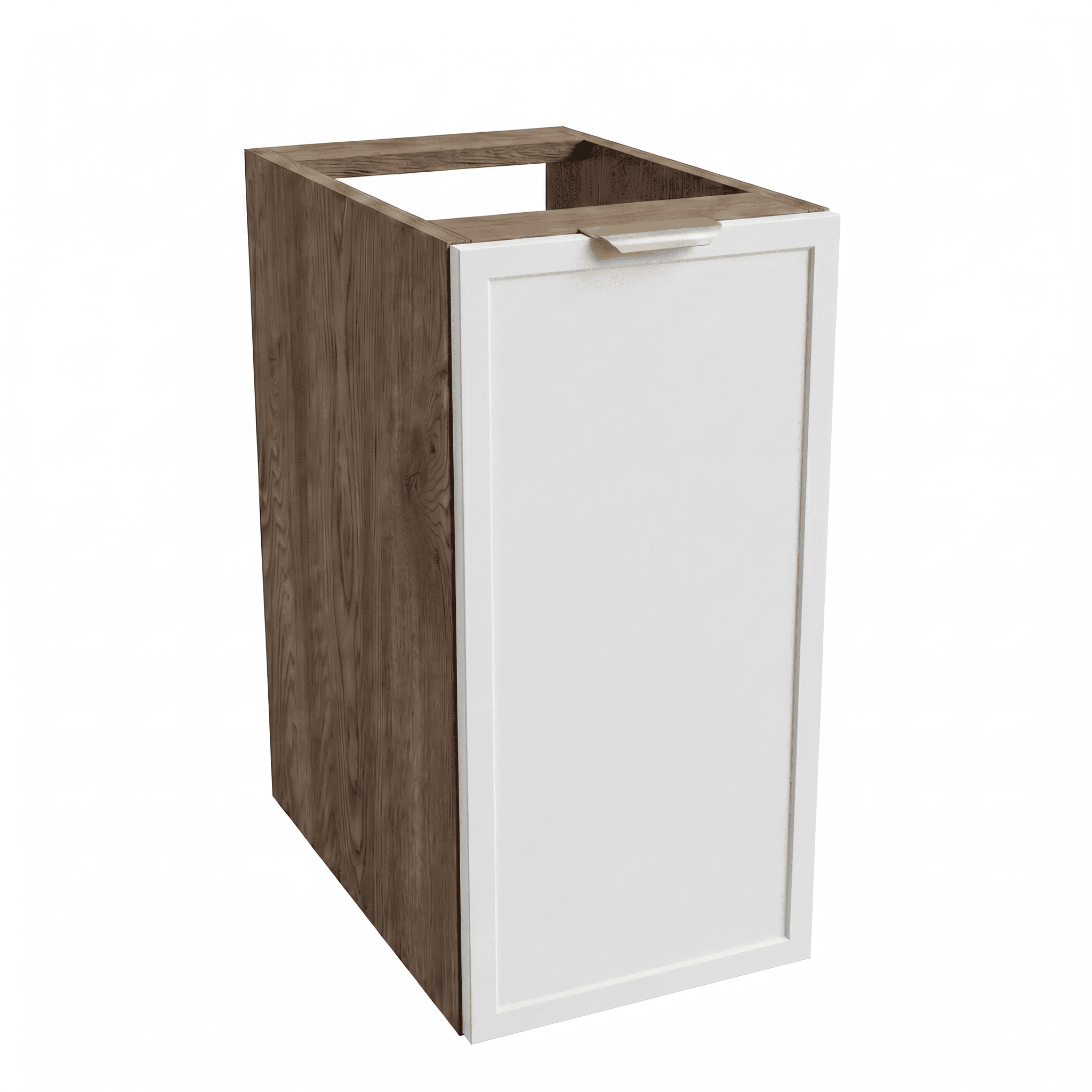 Badezimmerschrank Roma 30 cm Weiß / Walnuss Dunkel – moderner Badschrank mit Tür und dunkler Holzoptik für kleine Badezimmer