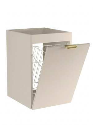 Badezimmerschrank Orio 40 cm in Kaschmir mit integriertem Wäschekorb, glatten Fronten und robusten Metallgriffen.