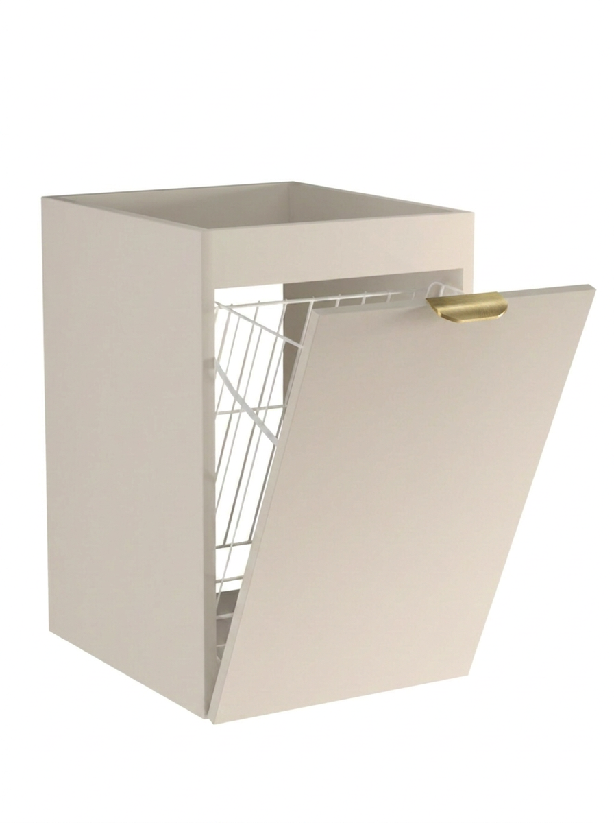 Badezimmerschrank Orio 40 cm in Kaschmir mit integriertem Wäschekorb, glatten Fronten und robusten Metallgriffen.