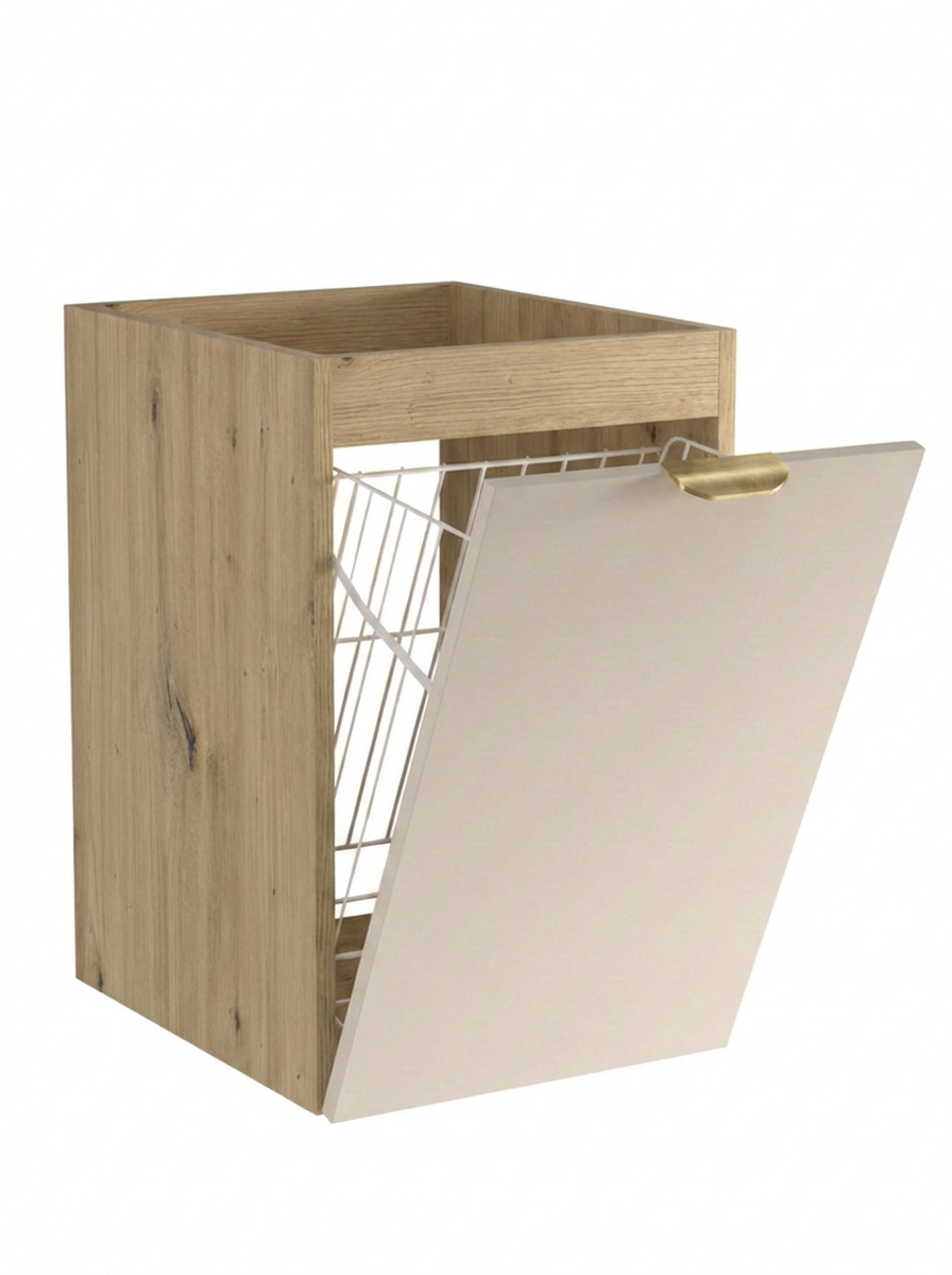 Badezimmerschrank Orio 40 cm in Kaschmir und Artisan Eiche mit integriertem Wäschekorb, glatten Fronten und Metallgriffen.