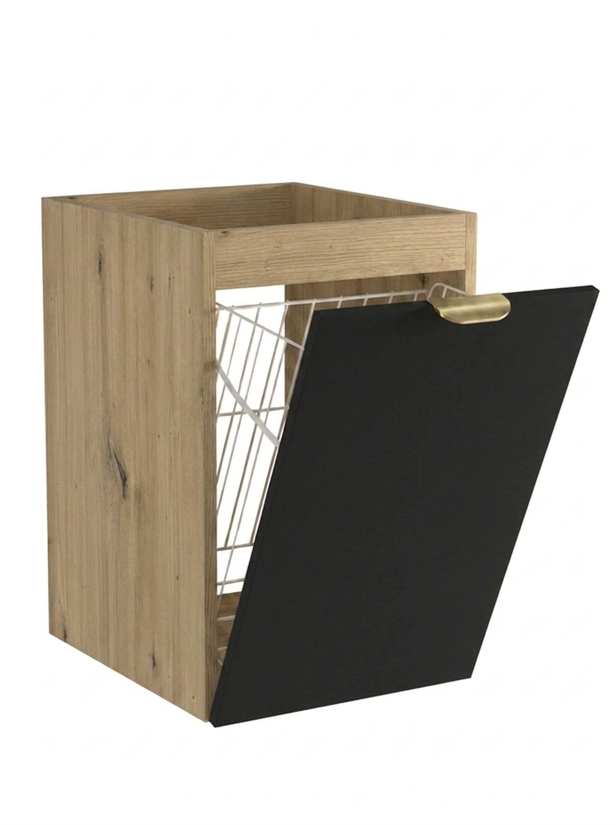 Badezimmerschrank Orio 40 cm in Schwarz und Artisan Eiche mit integriertem Wäschekorb, glatten Fronten und Metallgriffen.