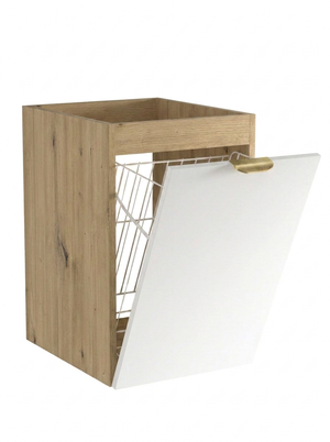 Badezimmerschrank Orio 40 cm in Weiß und Artisan Eiche mit integriertem Wäschekorb, glatten Fronten und robusten Metallgriffen.
