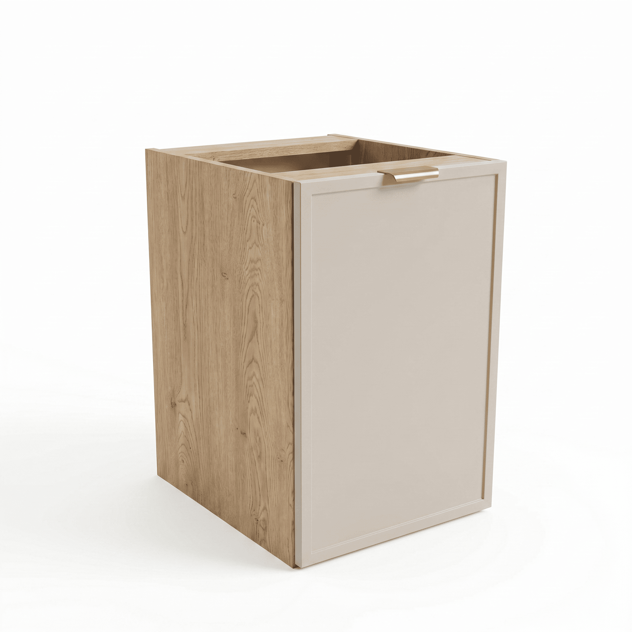 Badezimmerschrank Roma 40 cm Kaschmir / Eiche Cremona mit Wäschekorb – moderner Badschrank mit Holzoptik