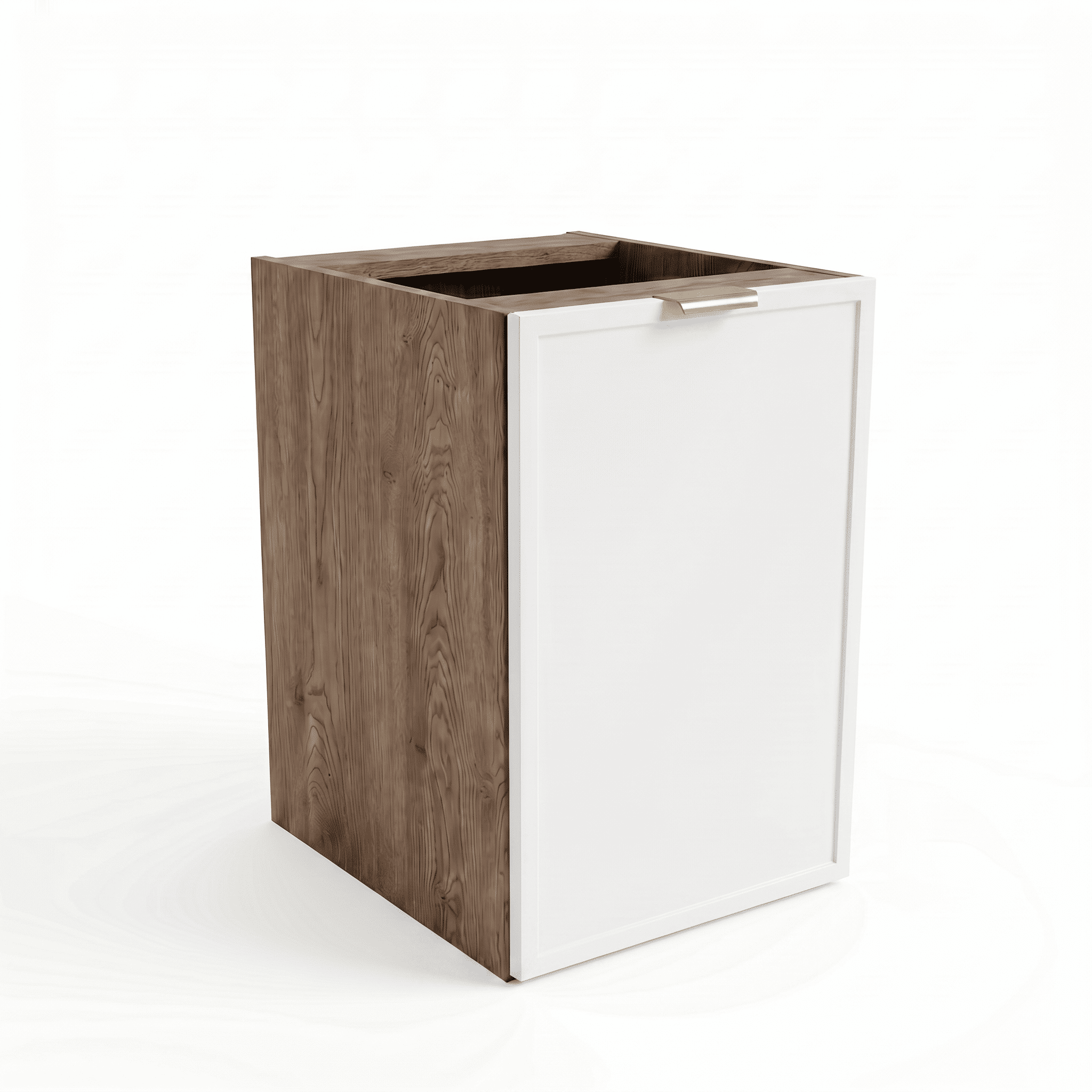 Badezimmerschrank Roma 40 cm Weiß / Walnuss Dunkel mit Wäschekorb – eleganter Badschrank mit dunkler Holzoptik