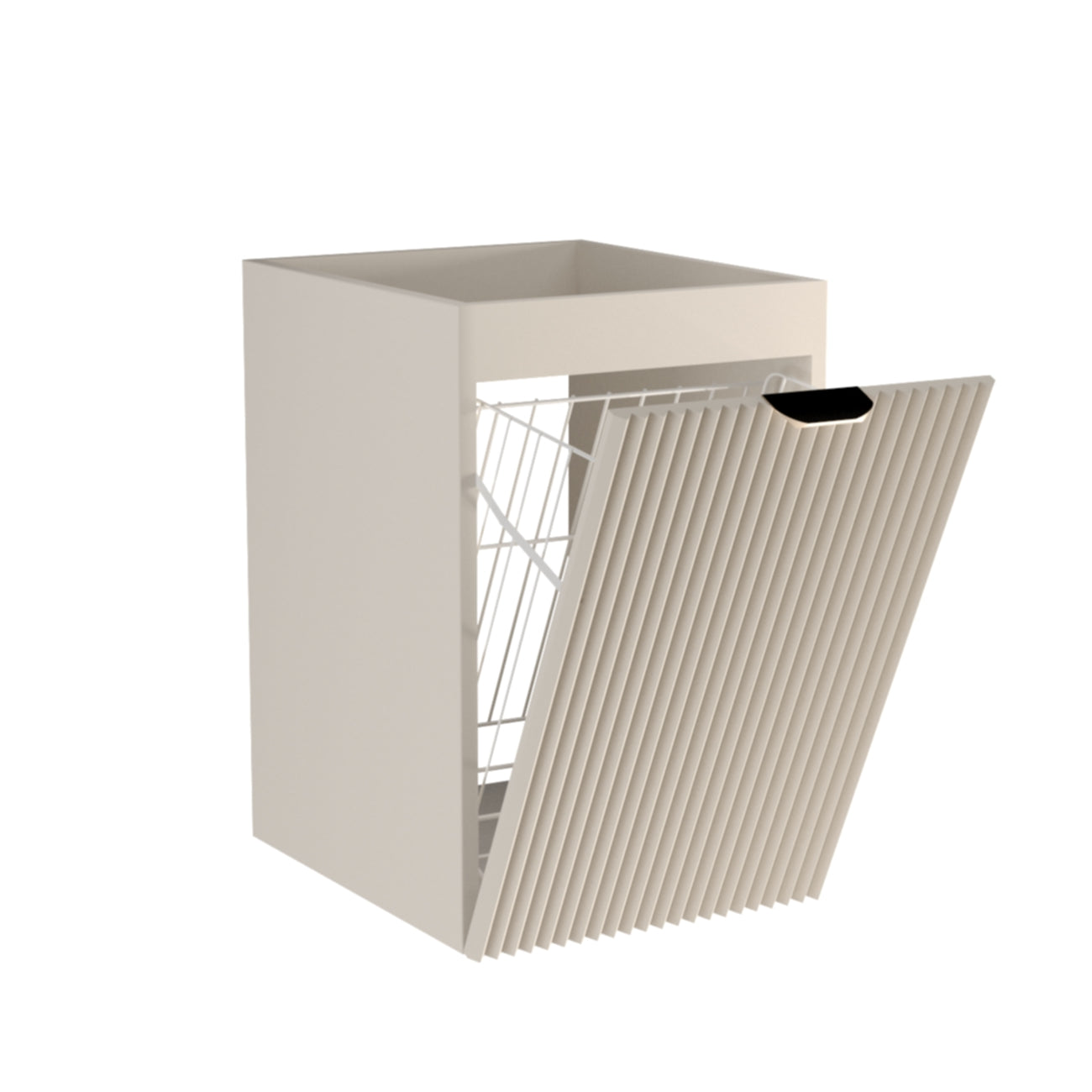 Badezimmerschrank Willy 40 cm breit in Kaschmir mit vertikal geriffelter Front, goldfarbenen Metallgriffen und integriertem Wäschekorb – elegantes, platzsparendes Möbel für ein stilvolles Badezimmer.