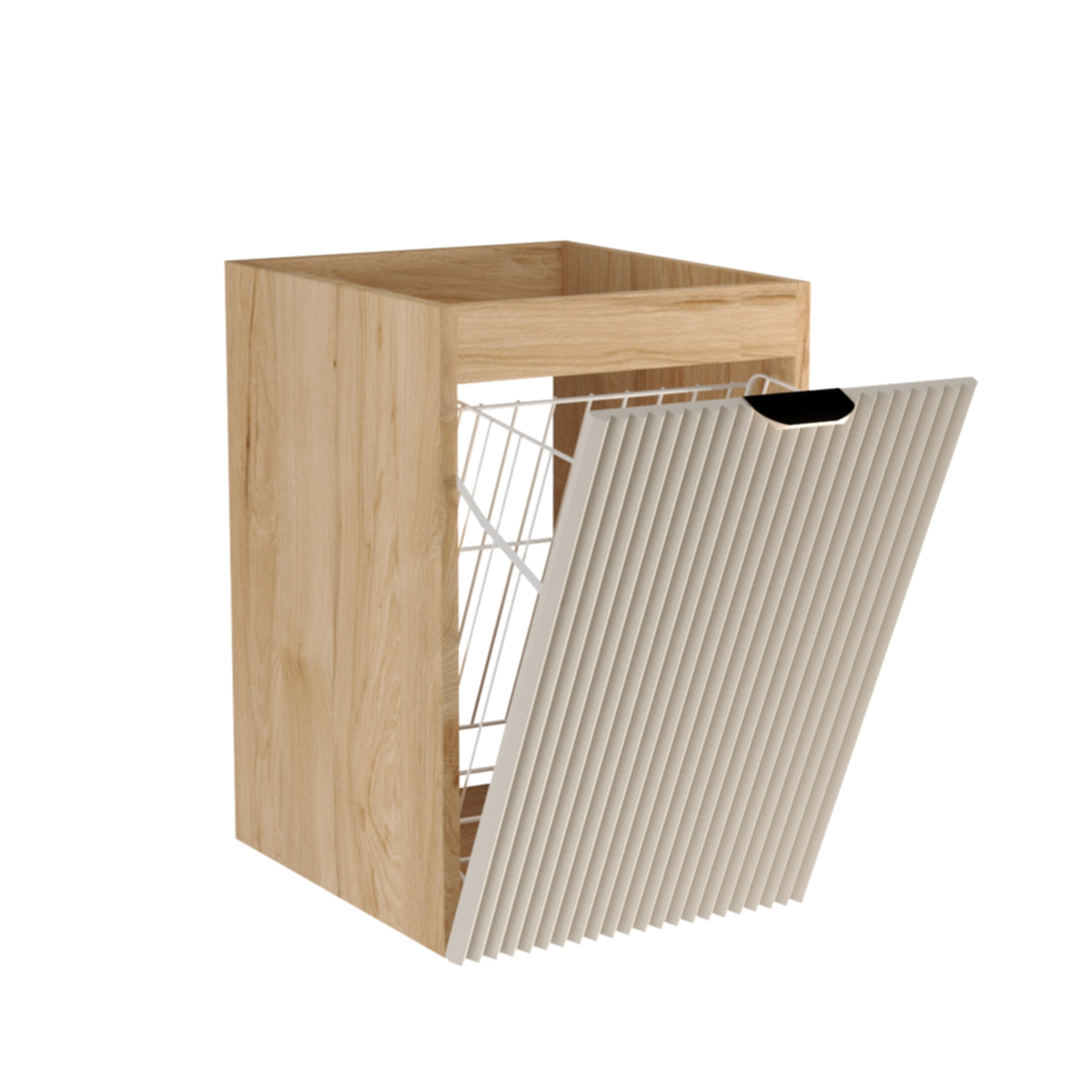Badezimmerschrank Willy 40 cm breit mit geriffelter Front in Kaschmir und Korpus in Walnussoptik, goldfarbenen Griffen und integriertem Wäschekorb – stilvolles, platzsparendes Möbel für ein elegantes Badezimmer.