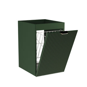 Badezimmerschrank Willy 40 cm breit in Salbei mit vertikal geriffelter Front, goldfarbenem Metallgriff und integriertem Wäschekorb – frisches, platzsparendes Möbel für ein stilvolles Badezimmer.