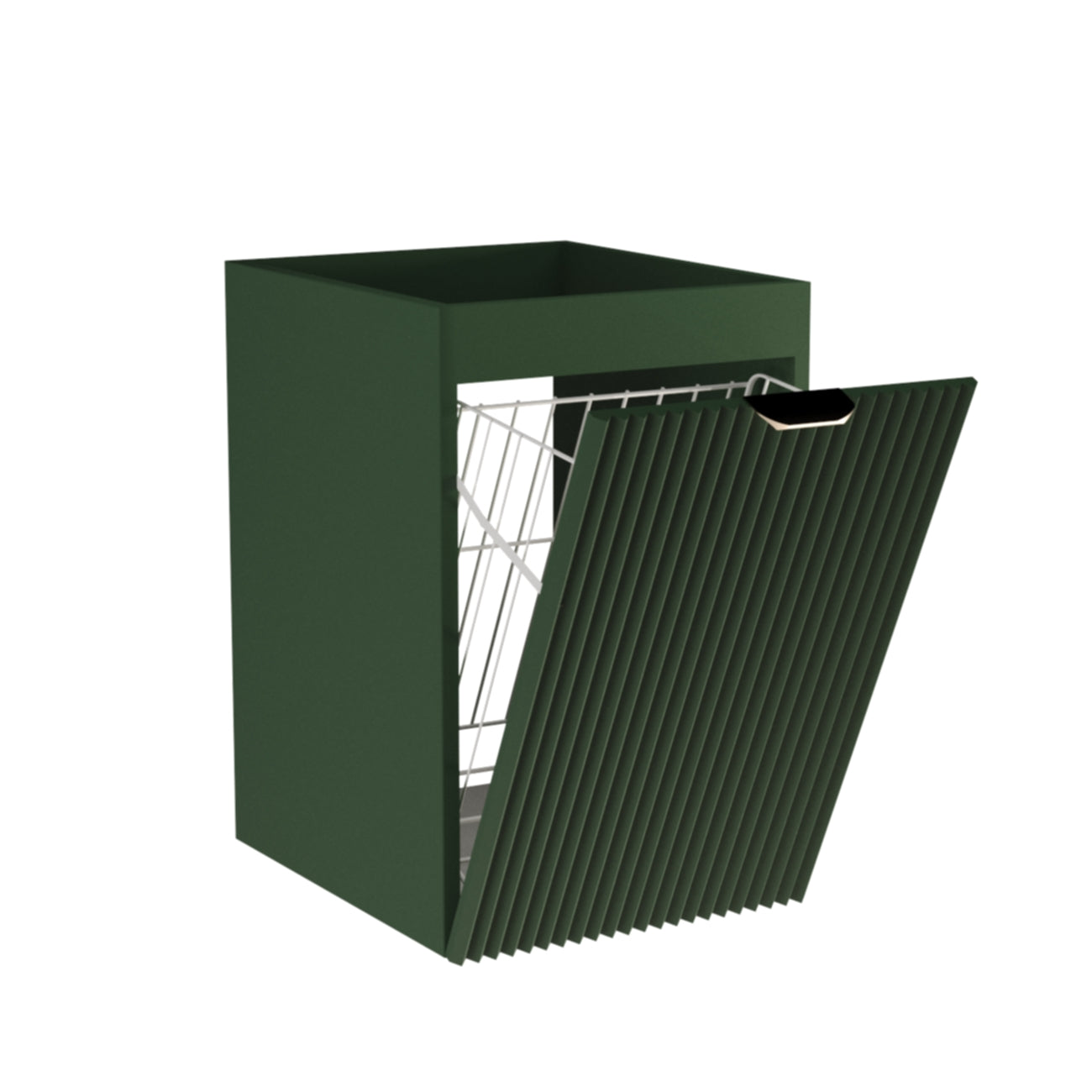 Badezimmerschrank Willy 40 cm breit in Salbei mit vertikal geriffelter Front, goldfarbenem Metallgriff und integriertem Wäschekorb – frisches, platzsparendes Möbel für ein stilvolles Badezimmer.