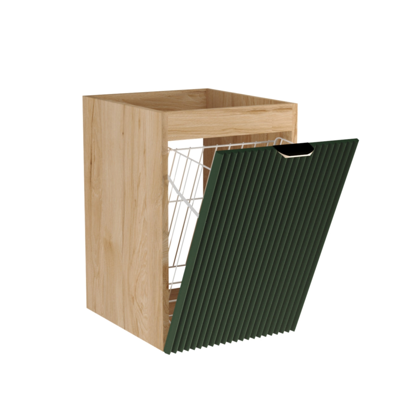 Badezimmerschrank Willy 40 cm breit mit geriffelter Front in Salbei, Korpus in Walnussoptik, goldfarbenem Metallgriff und integriertem Wäschekorb – elegantes, platzsparendes Möbel für ein stilvolles Badezimmer.