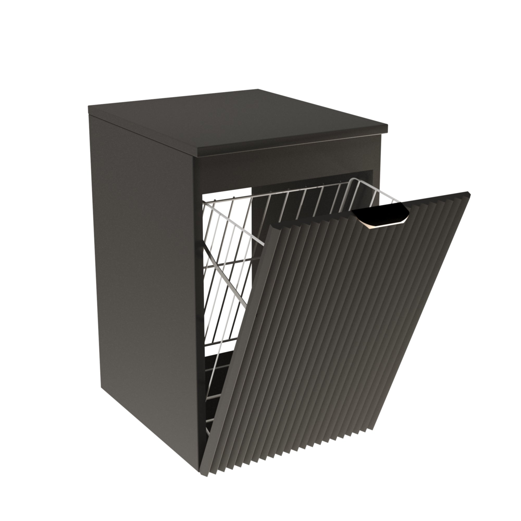 Badezimmerschrank Willy 40 cm in Schwarz mit integriertem Wäschekorb, geriffelter Front und goldenem Metallgriff