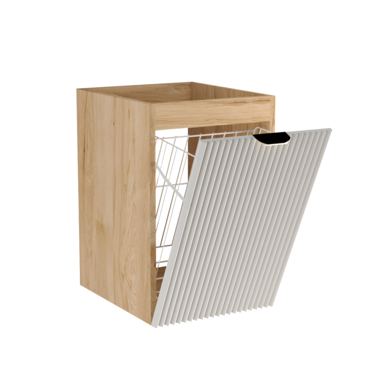 Badezimmerschrank Willy 40 cm breit mit weißer Front und Korpus in Walnussoptik, inklusive integriertem Wäschekorb – modernes, platzsparendes Möbel für ein stilvolles Badezimmer.