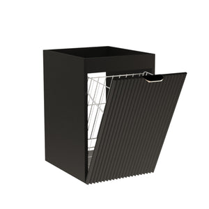 Badezimmerschrank Willy 40 cm in Schwarz mit integriertem Wäschekorb, geriffelter Front und goldenem Metallgriff