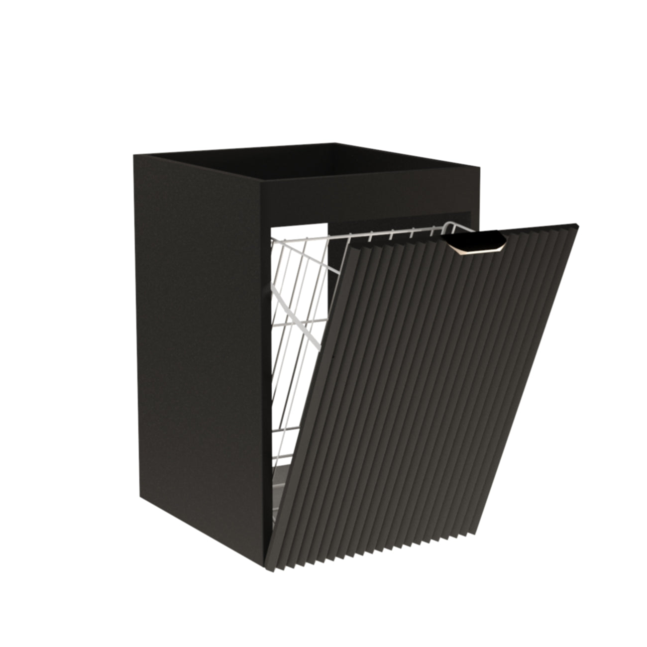Badezimmerschrank Willy 40 cm in Schwarz mit integriertem Wäschekorb, geriffelter Front und goldenem Metallgriff