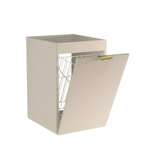 Badezimmerschrank Orio 40 cm in Kaschmir mit integriertem Wäschekorb, glatten Fronten und robusten Metallgriffen.