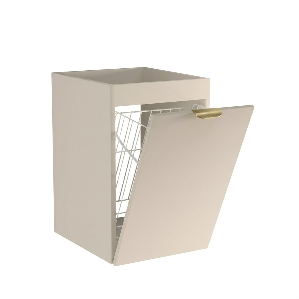 Badezimmerschrank Orio 40 cm in Kaschmir mit integriertem Wäschekorb, glatten Fronten und robusten Metallgriffen.