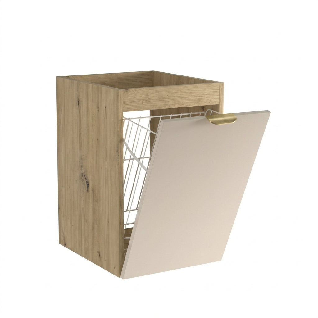 Badezimmerschrank Orio 40 cm in Kaschmir und Artisan Eiche mit integriertem Wäschekorb, glatten Fronten und Metallgriffen.