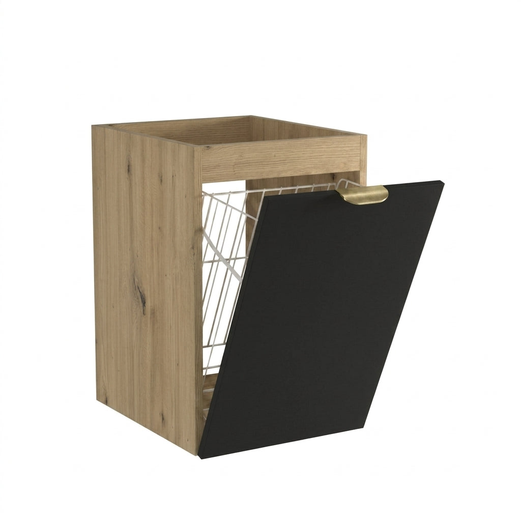 Badezimmerschrank Orio 40 cm in Schwarz und Artisan Eiche mit integriertem Wäschekorb, glatten Fronten und Metallgriffen.