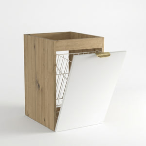 Badezimmerschrank Orio 40 cm in Weiß und Artisan Eiche mit integriertem Wäschekorb, glatten Fronten und robusten Metallgriffen.