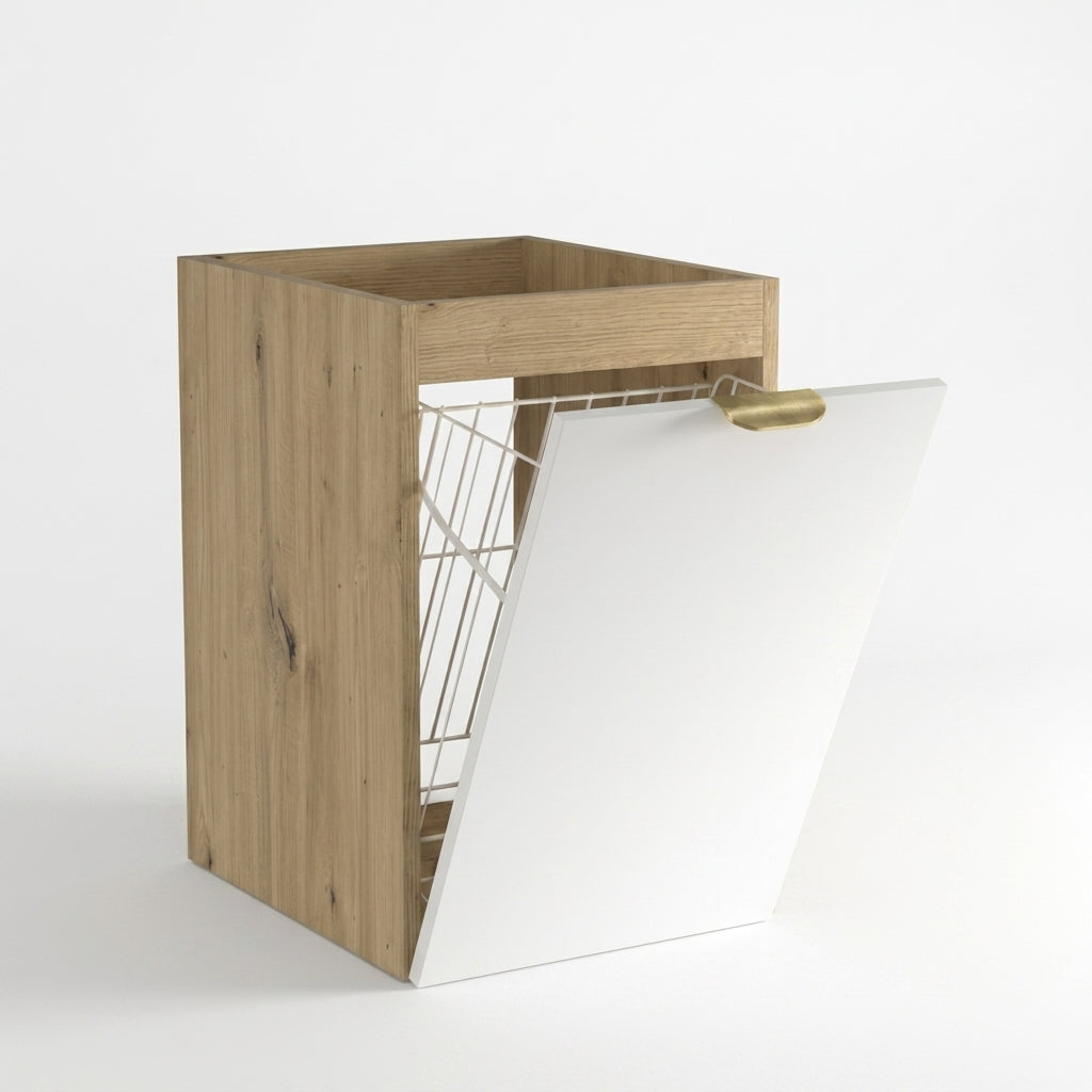 Badezimmerschrank Orio 40 cm in Weiß und Artisan Eiche mit integriertem Wäschekorb, glatten Fronten und robusten Metallgriffen.
