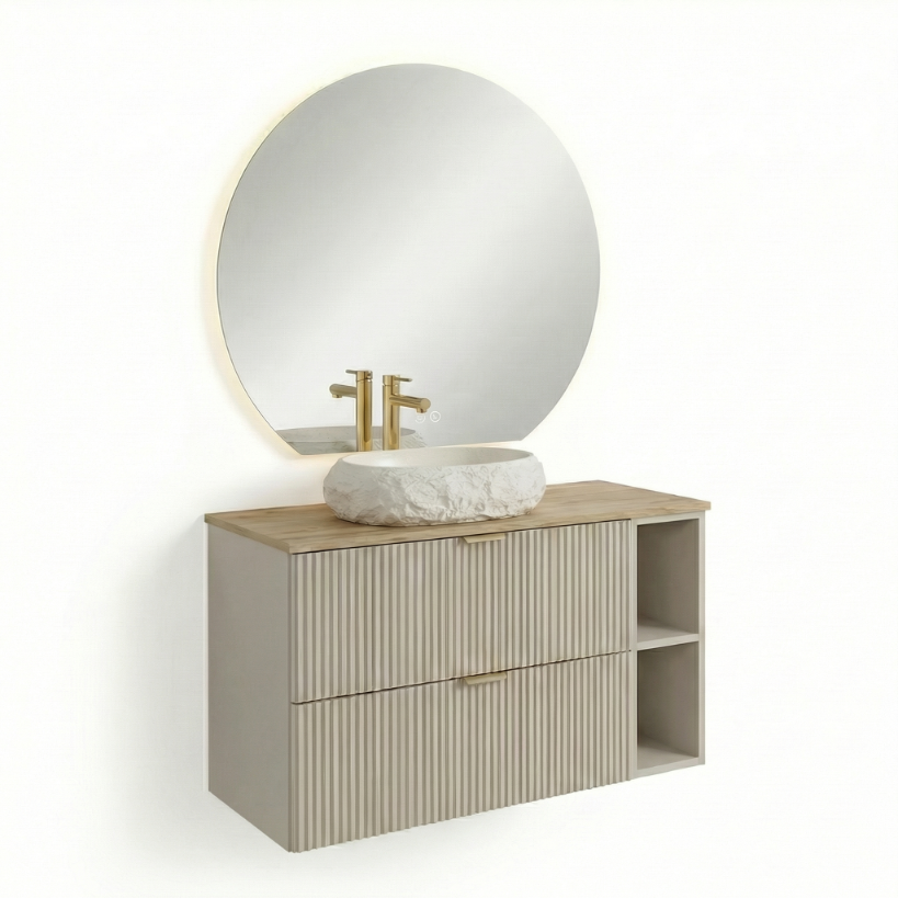 Badmöbel-Set 100 cm in Kaschmir mit Walnussplatte, Waschtischunterschrank mit Regal, LED-Spiegel Fabio und Aufsatzwaschbecken Mika im modernen Badezimmerdesign.