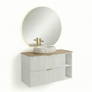 Badmöbel-Set 100 cm in Weiß mit Walnussplatte, Waschtischunterschrank mit Regal, LED-Spiegel Fabio und Aufsatzwaschbecken Mika im modernen Badezimmerdesign.