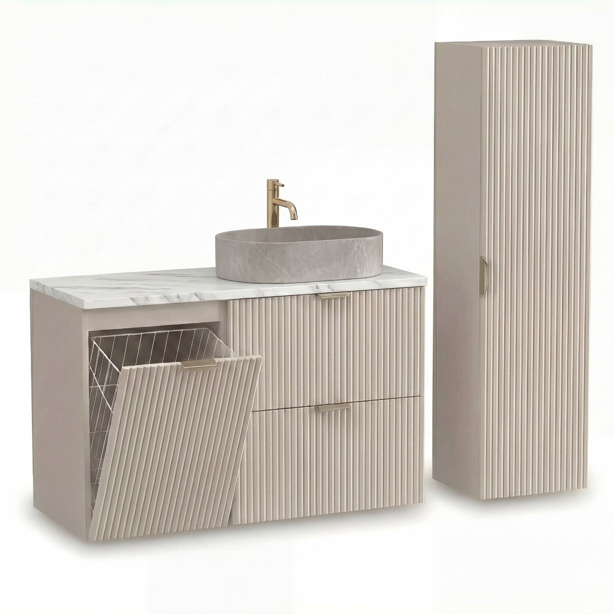 Badezimmer-Set Kaschmir mit 100 cm Waschtischunterschrank, geriffelten Fronten, Marmur Bianco Platte und Aufsatzwaschbecken Nadia 50 cm.