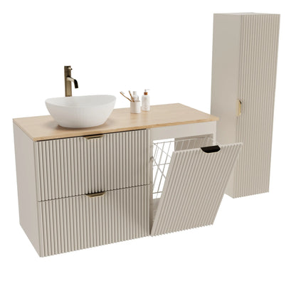 Badmöbel-Set Willy mit 100 cm Waschtischunterschrank mit Wäschekorb, Walnussplatte, 120 cm Hochschrank und Waschschale Sofia 40 cm in Kaschmir.