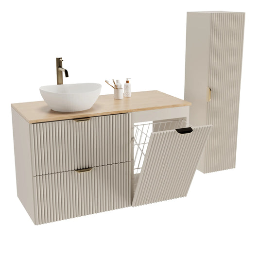 Badmöbel-Set Willy mit 100 cm Waschtischunterschrank mit Wäschekorb, Walnussplatte, 120 cm Hochschrank und Waschschale Sofia 40 cm in Kaschmir.