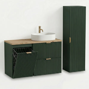Badezimmer-Set Salbei mit 100 cm Waschtischunterschrank, geriffelten Fronten, Walnuss Holzplatte und Aufsatzwaschbecken Nadia 50 cm.