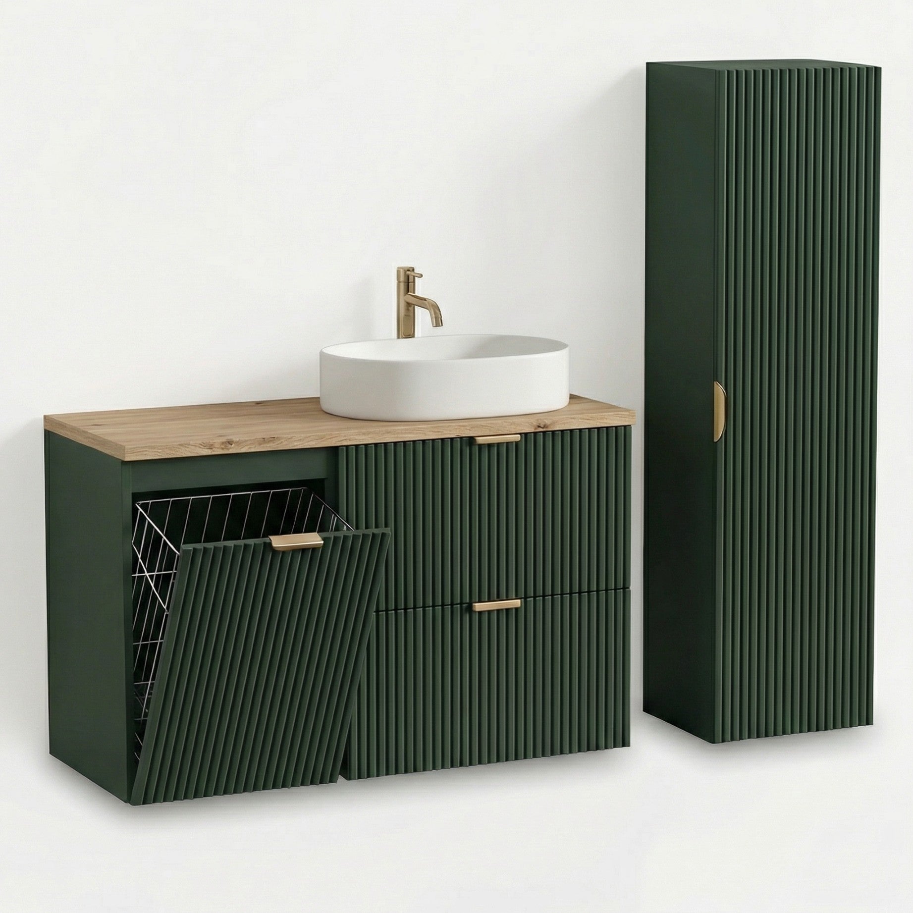 Badezimmer-Set Salbei mit 100 cm Waschtischunterschrank, geriffelten Fronten, Walnuss Holzplatte und Aufsatzwaschbecken Nadia 50 cm.