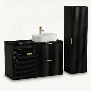 Schwarzes Premium Badezimmer-Set mit 100 cm Waschtischunterschrank, geriffelten Fronten, Marmur Bianco Platte und Aufsatzwaschbecken Nadia 50 cm.