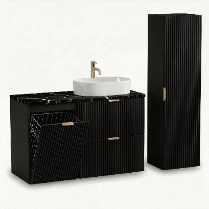 Schwarzes Premium Badezimmer-Set mit 100 cm Waschtischunterschrank, geriffelten Fronten, Marmur Bianco Platte und Aufsatzwaschbecken Nadia 50 cm.