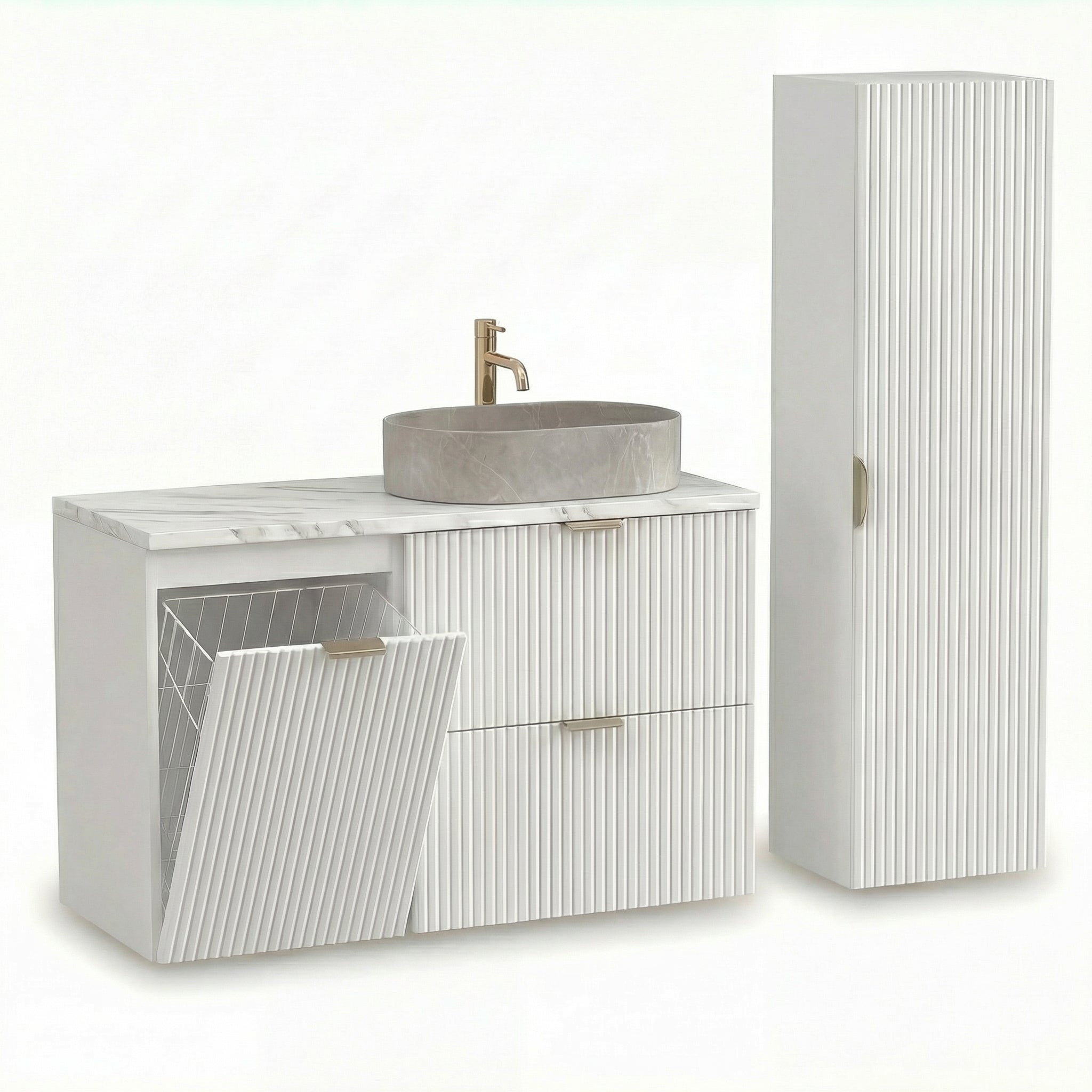 Weißes Premium Badezimmer-Set mit 100 cm Waschtischunterschrank, geriffelten Fronten, Marmur Bianco Platte und Aufsatzwaschbecken Nadia 50 cm.