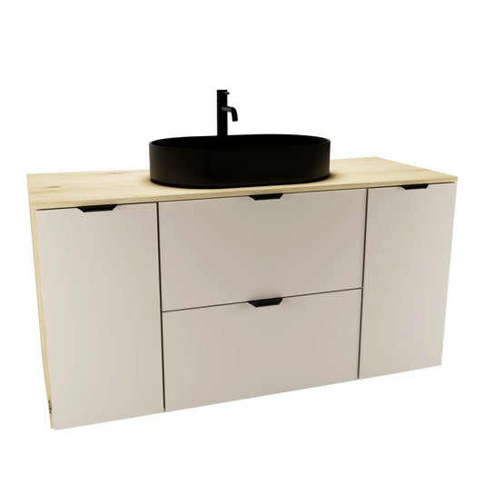 Badmöbel-Set Orio 120 cm mit Kaschmir-Fronten, Eiche Artisan Korpus, Soft-Close-Schubladen, Türen und moderner Badezimmerarmatur.