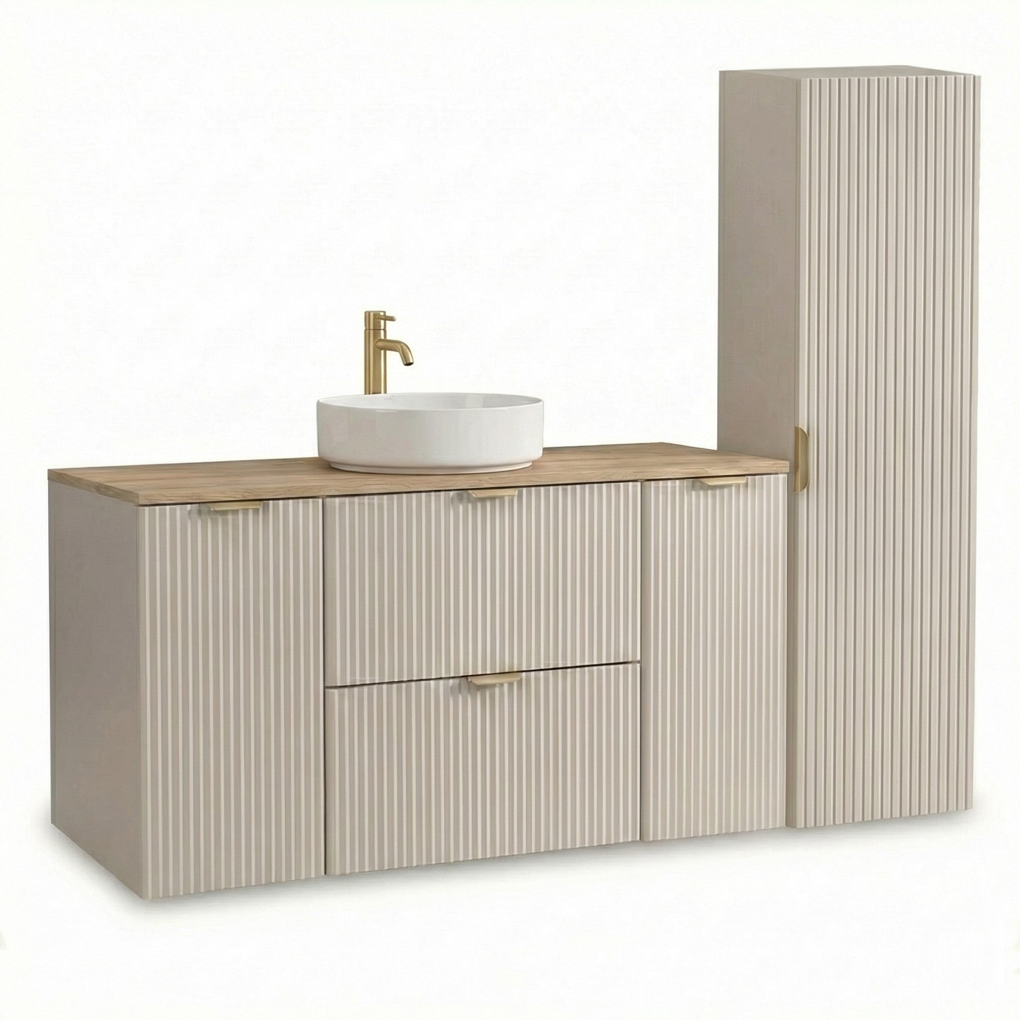Badezimmer-Möbelset Kaschmir mit 120 cm Waschtischunterschrank, Walnussplatte und geriffelten Fronten sowie passendem Hochschrank im modernen Design.