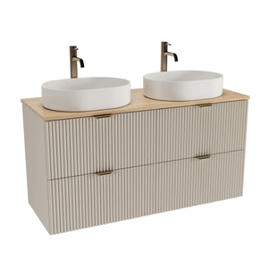 Waschtischunterschrank 120 cm in Kaschmir mit Walnussplatte, 4 Schubladen, geriffelter Front & zwei Waschbecken Nadia 50 cm.