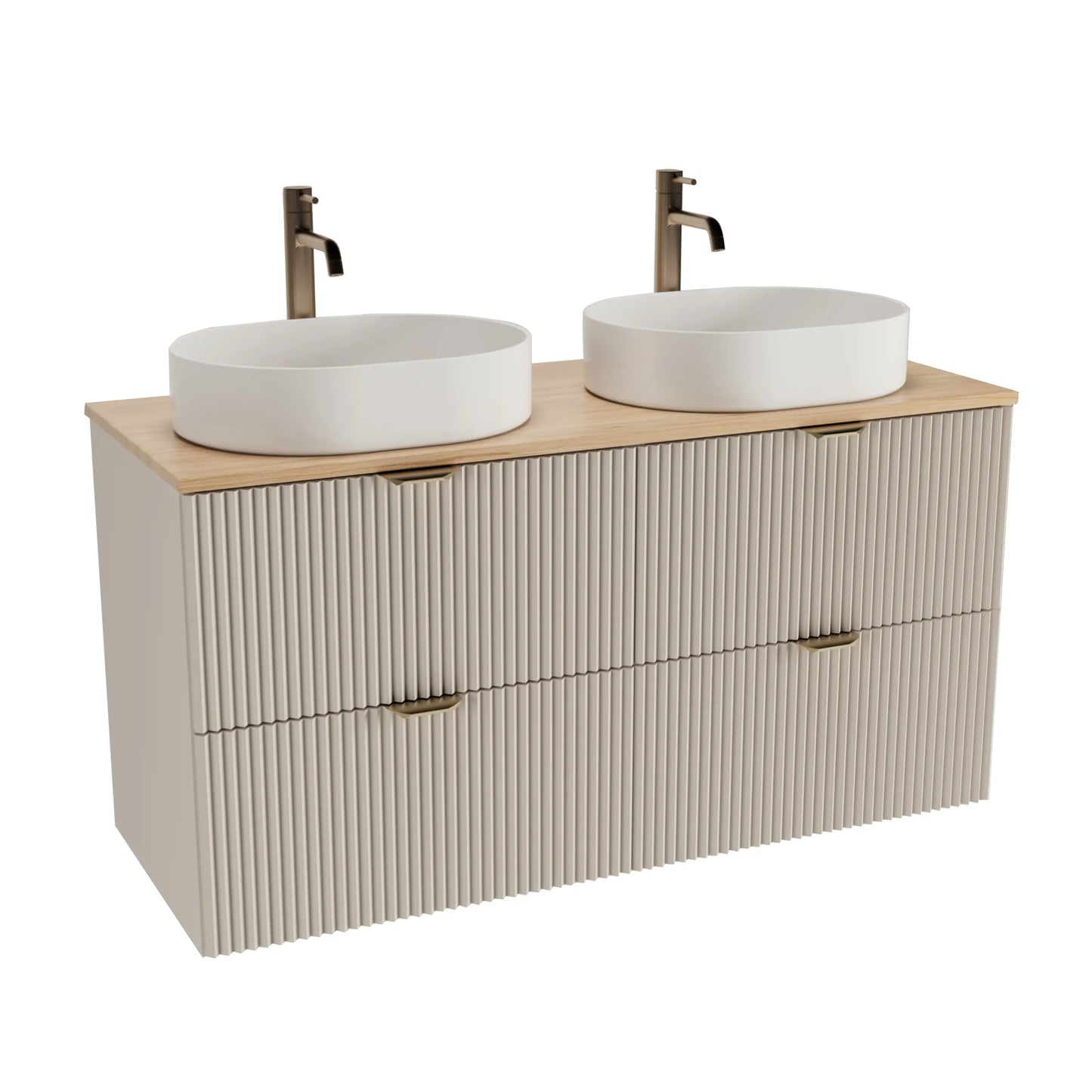 Waschtischunterschrank 120 cm in Kaschmir mit Walnussplatte, 4 Schubladen, geriffelter Front & zwei Waschbecken Nadia 50 cm.