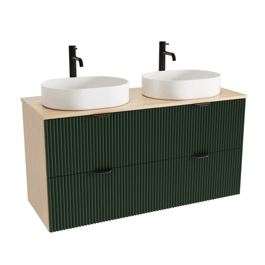 Badmöbel-Set Willy 120 cm mit geriffelter Salbei-Front, Walnuss-Korpus, 4 Schubladen und zwei Waschbecken Nadia 50 cm.