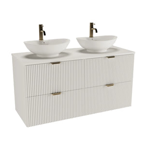 Badmöbel-Set Willy 120 cm in Weiß mit geriffelter Front, 4 Schubladen und zwei Waschbecken Rosa-2 58,5 cm.