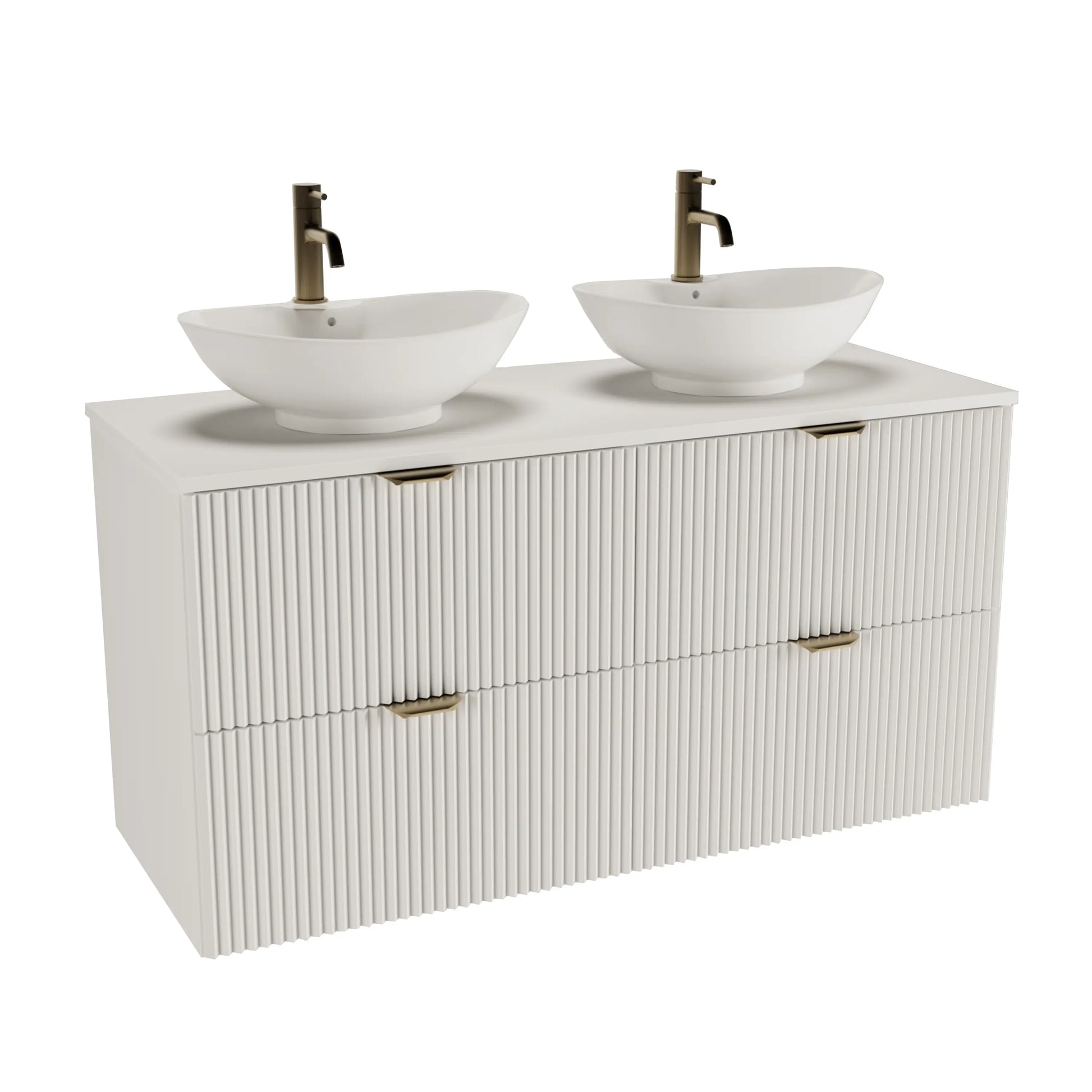 Badmöbel-Set Willy 120 cm in Weiß mit geriffelter Front, 4 Schubladen und zwei Waschbecken Rosa-2 58,5 cm.