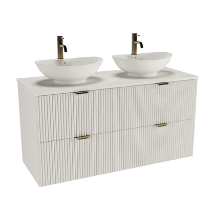 Badmöbel-Set Willy 120 cm in Weiß mit geriffelter Front, 4 Schubladen und zwei Waschbecken Rosa-2 58,5 cm.
