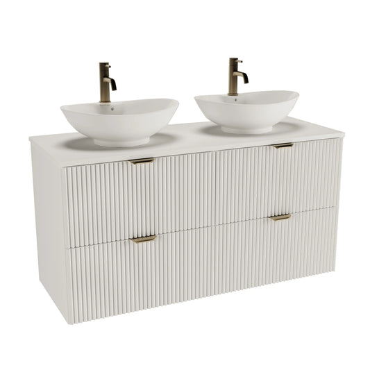 Badmöbel-Set Willy 120 cm in Weiß mit geriffelter Front, 4 Schubladen und zwei Waschbecken Rosa-2 58,5 cm.
